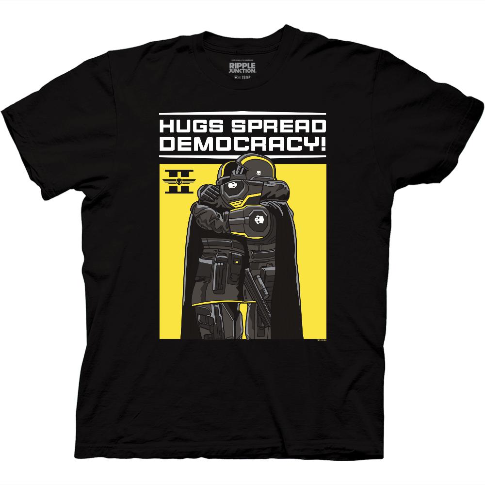 Black t-shirt with a graphic of a robot holding a flag and text 'Hugs Spread Democracy!' on a yellow background.