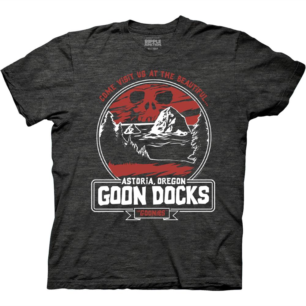 Dark gray t-shirt with 'Goon Docks' graphic design featuring a skull and mountains.