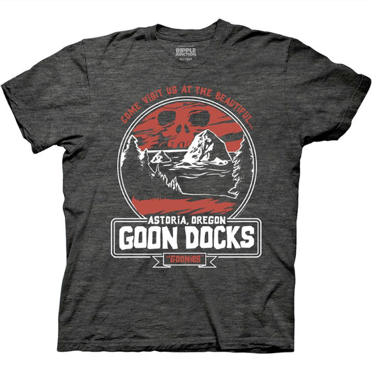 Dark gray t-shirt with 'Goon Docks' graphic design featuring a skull and mountains.