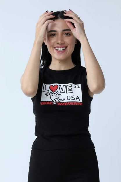 Keith Haring Love USA Juniors Fit Women's Baby Rib Tank Top