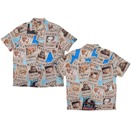 One Piece Straw Hat Pirates Wanted Posters Camp Collar Button Up