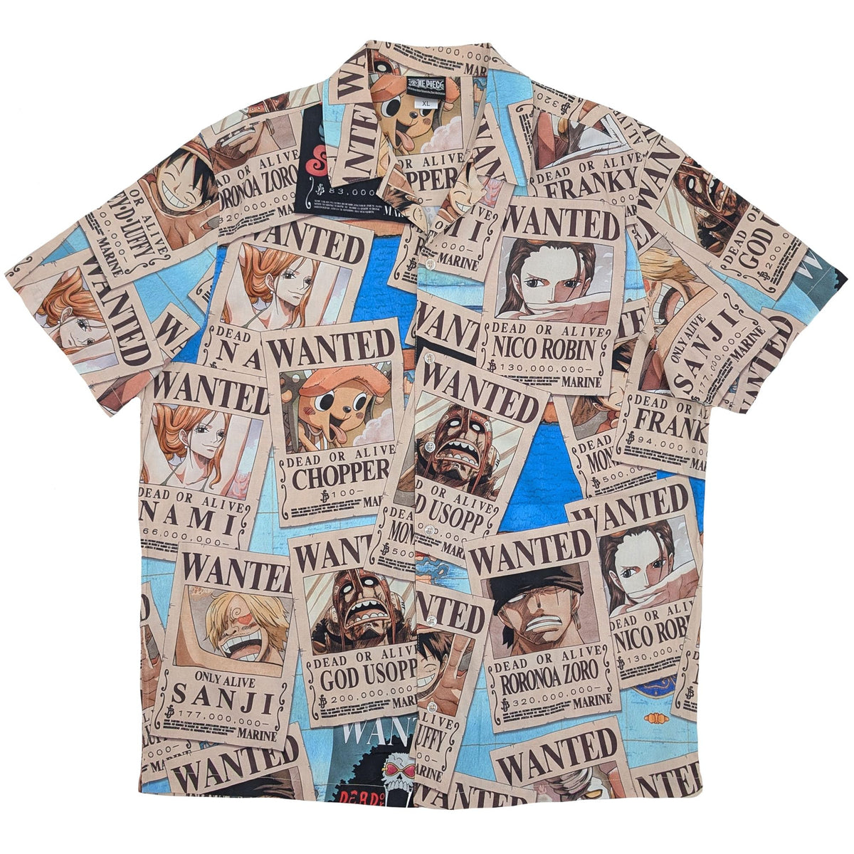 One Piece Straw Hat Pirates Wanted Posters Camp Collar Button Up