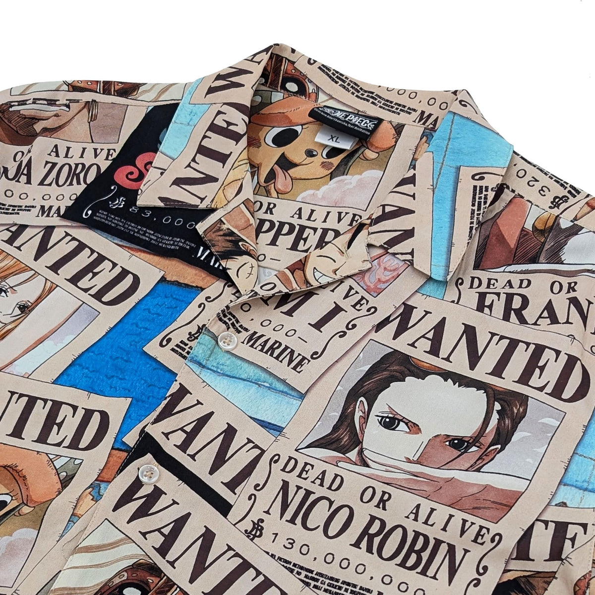 One Piece Straw Hat Pirates Wanted Posters Camp Collar Button Up