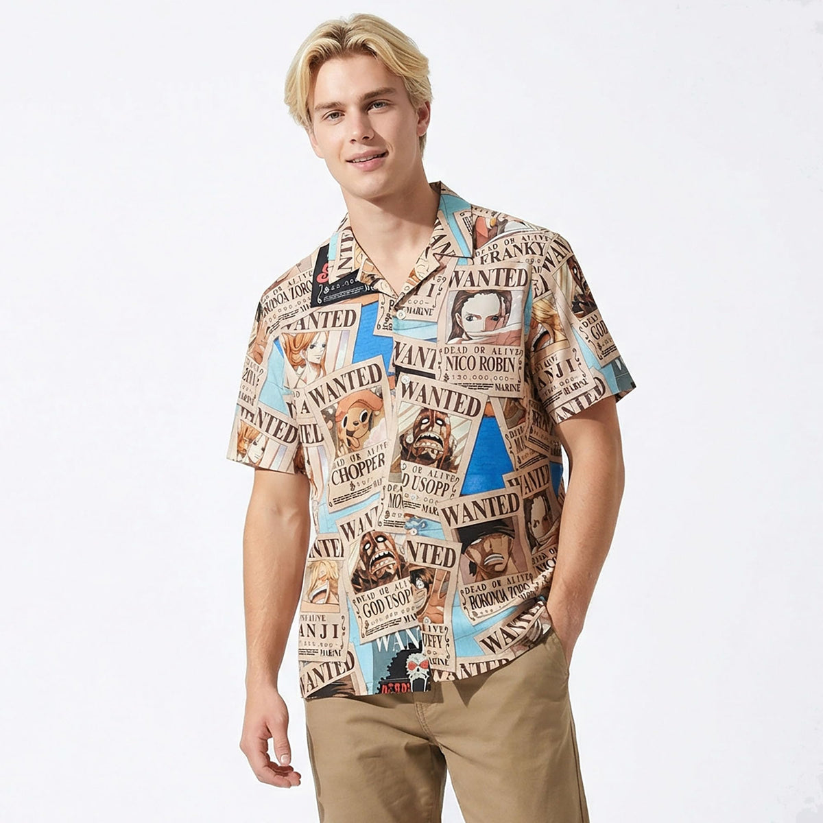 One Piece Straw Hat Pirates Wanted Posters Camp Collar Button Up