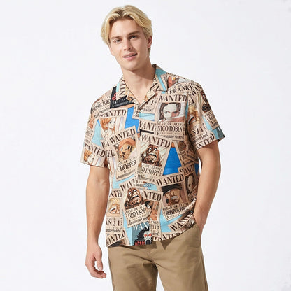 One Piece Straw Hat Pirates Wanted Posters Camp Collar Button Up