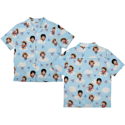 One Piece Chibi Luffy & Jolly Rogers Camp Collar Button Up