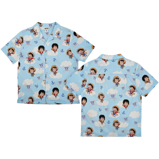One Piece Chibi Luffy & Jolly Rogers Camp Collar Button Up