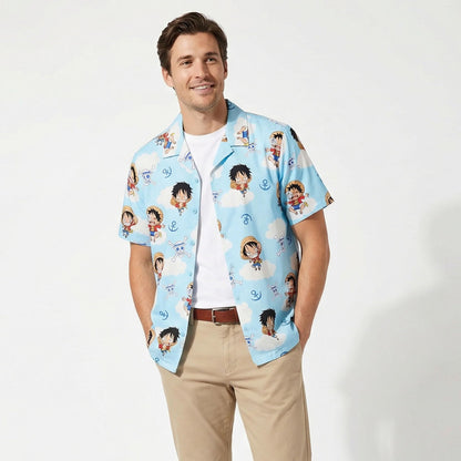 One Piece Chibi Luffy & Jolly Rogers Camp Collar Button Up