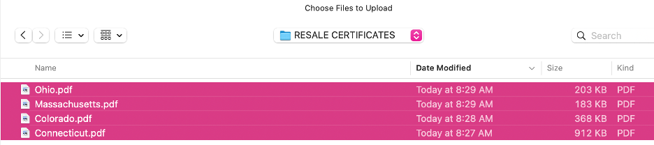 Example of uploaded resale certificates