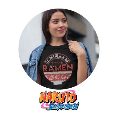 Woman wearing Naruto Ramen Shop Tee with Naruto Shippuden Logo