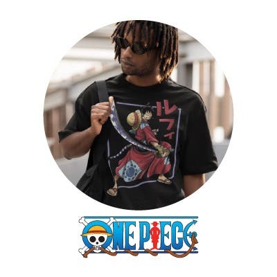 Man wearing One Piece tee with One Piece logo